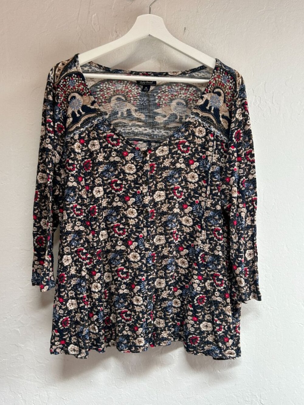 Lucky Brand Women Floral Print Button Front Peasant Top XL Multicolor 3/4 Sleeve